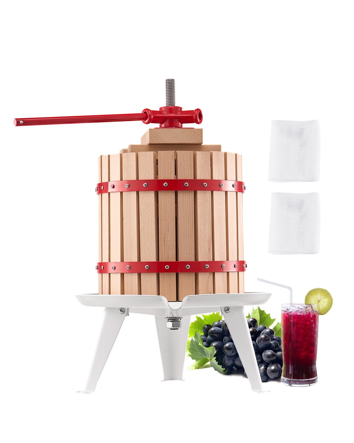 VEVOR 3.2 Gal/12L Fruit Wine Press, Solid Wood Basket with 8 Blocks, Heavy Duty Manual Juice Maker, Cider Apple Grape Tincture Honey Olive Oil Making Press with Handle for Kitchen, Home