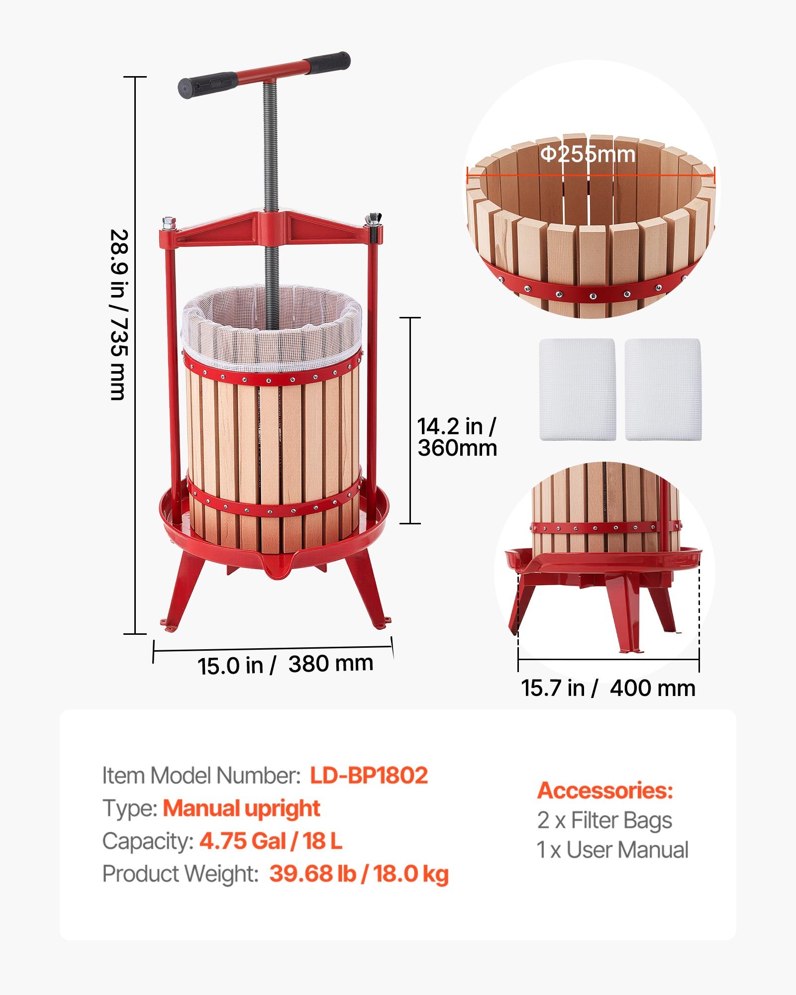 VEVOR Fruit Wine Press, 4.75Gal/18L Manual Juice Maker, Solid Beech Wood Basket, Vintage Traditional Juicer with 2 Filter Bags, Heavy Duty T-Shaped Handle Bar for Cider Apple Grape Press, Kitchen Home