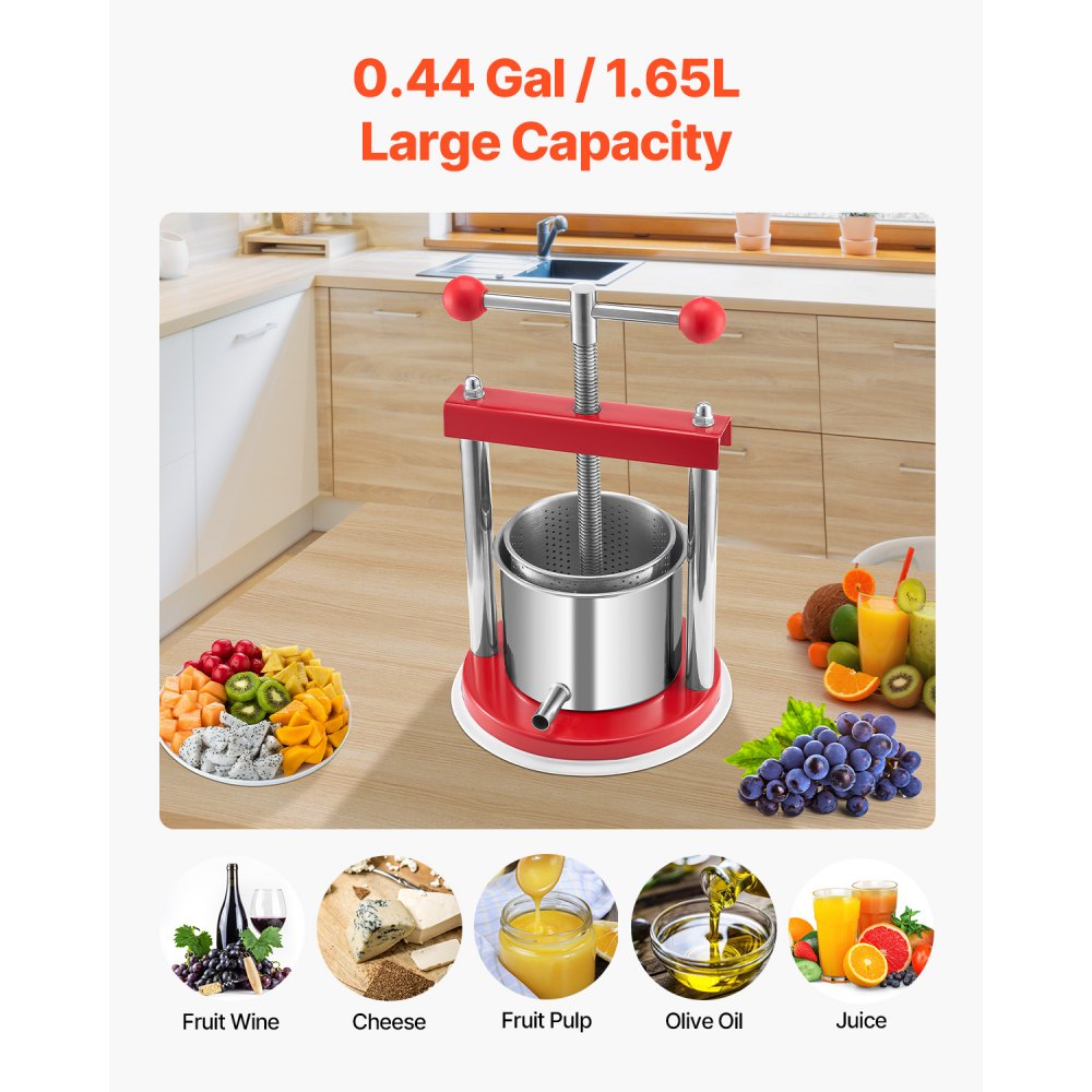 VEVOR 0.44 Gal/1.65L Fruit Wine Press, 2 Stainless Steel Barrels, Manual Juice Maker, Cider Apple Grape Tincture Honey Olive Oil Making Press with T-Handle for Outdoor Kitchen Home