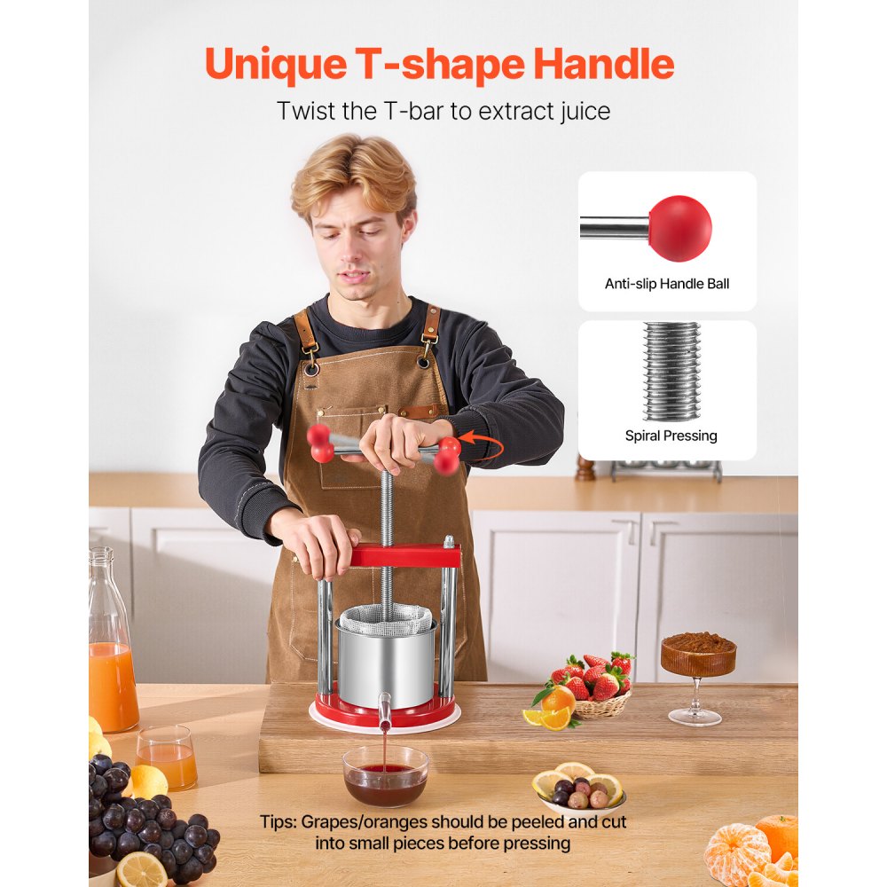 VEVOR 0.44 Gal/1.65L Fruit Wine Press, 2 Stainless Steel Barrels, Manual Juice Maker, Cider Apple Grape Tincture Honey Olive Oil Making Press with T-Handle for Outdoor Kitchen Home