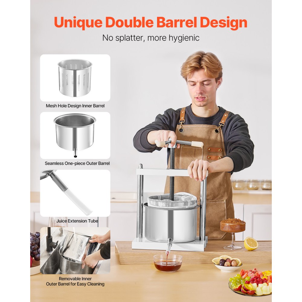 VEVOR 1.45 Gal/5L Fruit Wine Press, 2 Stainless Steel Barrels, Manual Juice Maker, Cider Apple Grape Tincture Honey Olive Oil Making Press with Triangular Handle for Outdoor Kitchen Home