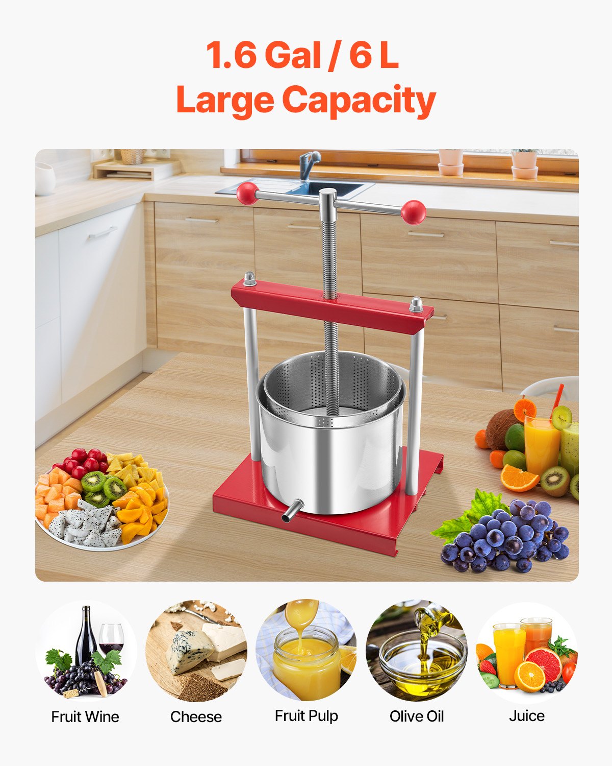 VEVOR 1.6 Gal/6L Fruit Wine Press, 2 Stainless Steel Barrels, Manual Juice Maker, Cider Apple Grape Tincture Honey Olive Oil Making Press with T-Handle for Outdoor Kitchen Home