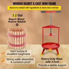 VEVOR Fruit Wine Press, 3.2Gal/12L, Cast Iron Manual Grape Presser for Wine Making, Cider Tincture Vegetables Honey Olive Oil Press with Beech Wood Hollow Basket T-Handle 0.1" Thick Plate 3 Feet