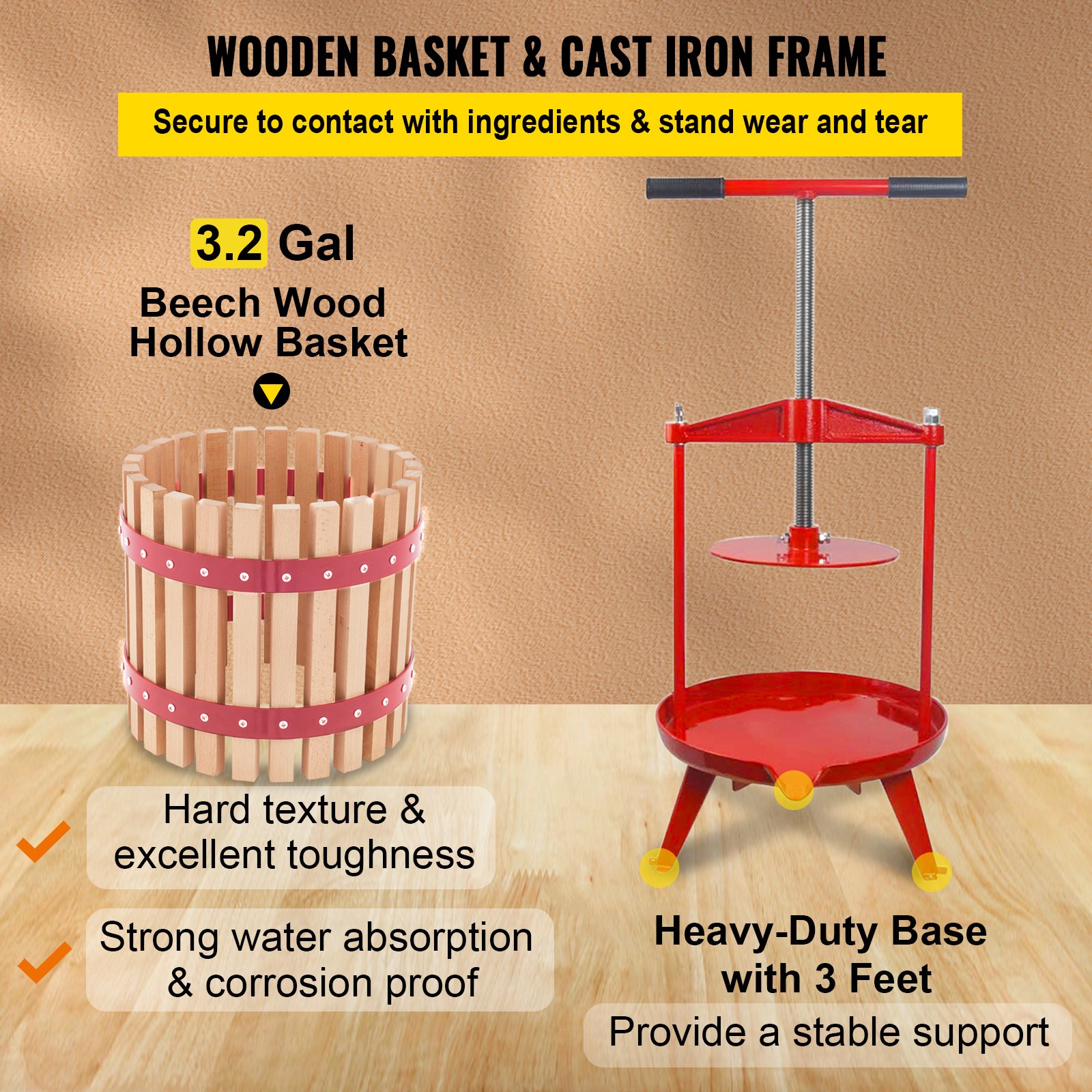 VEVOR Fruit Wine Press, 3.2Gal/12L, Cast Iron Manual Grape Presser for Wine Making, Cider Tincture Vegetables Honey Olive Oil Press with Beech Wood Hollow Basket T-Handle 0.1" Thick Plate 3 Feet