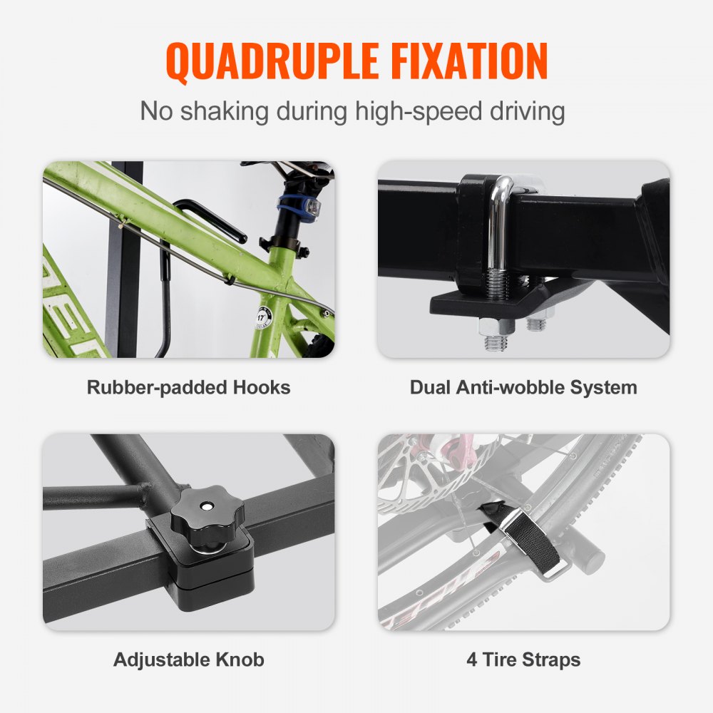 quadruple fixation with VEVOR hitch mount bike rack features rubber-padded hooks, dual anti-wobble system, adjustable knob, 4 tire straps.