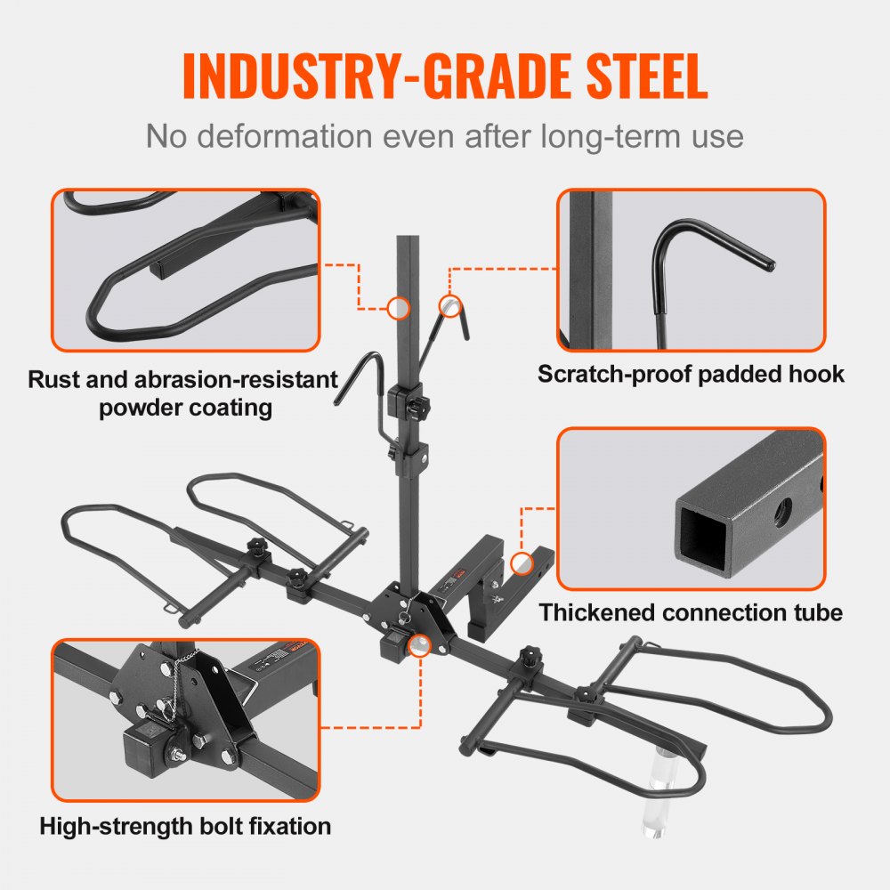 industry-grade steel VEVOR hitch mount bike rack with rust-resistant coating and scratch-proof hooks.