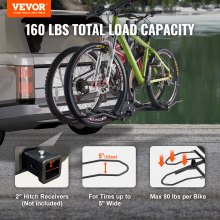 VEVOR Porte-vélos sur attelage, style plate-forme pour 2 vélos, capacité maximale de 160 lb, attelage pour récepteur de 2 pouces, porte-vélos inclinable et pliable avec pneus jusqu'à 5" de large, pour voiture, SUV, camion, camping-car