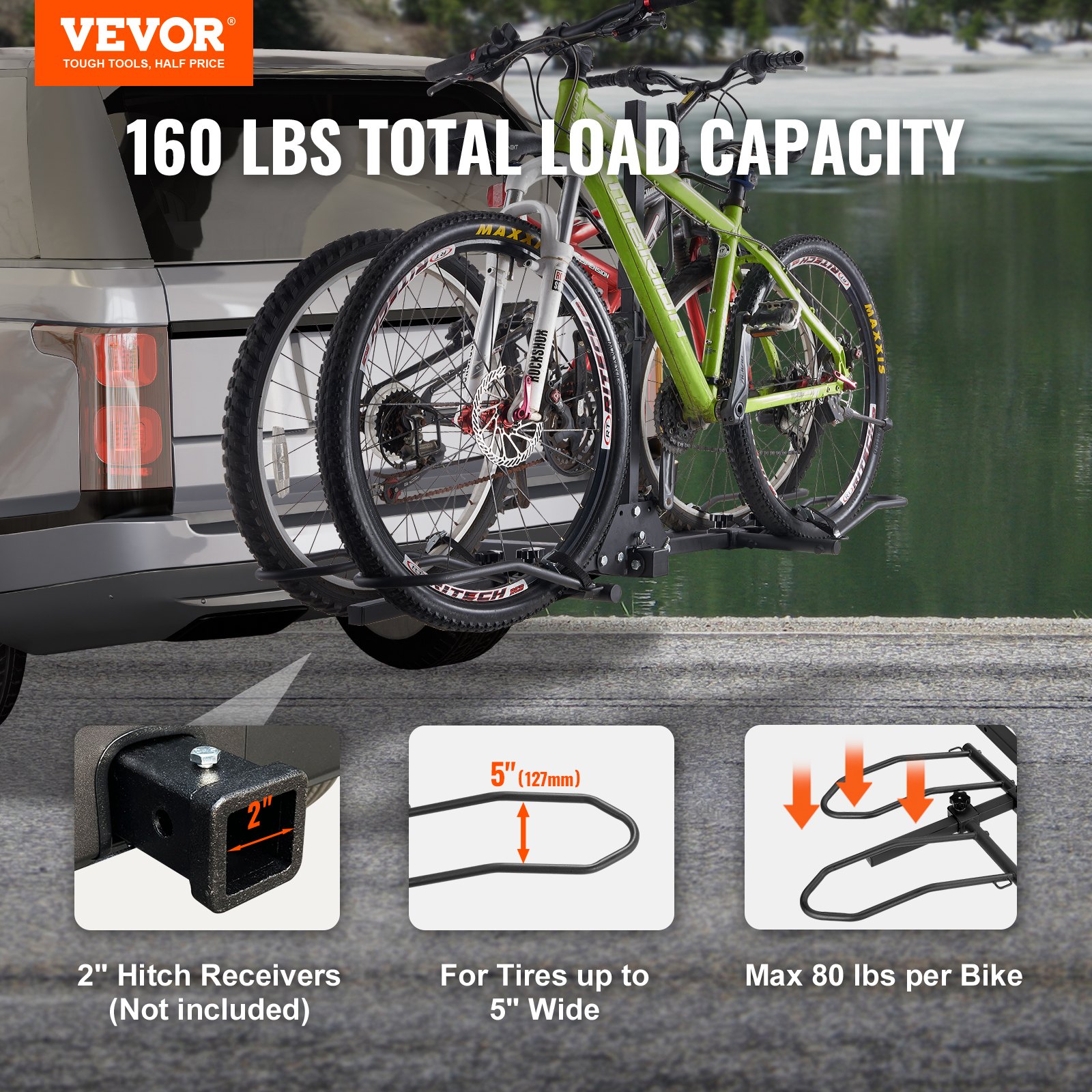VEVOR hitch mount bike rack holds 2 bikes, 160 lbs capacity, fits tires up to 5&quot;, 2&quot; hitch receivers.