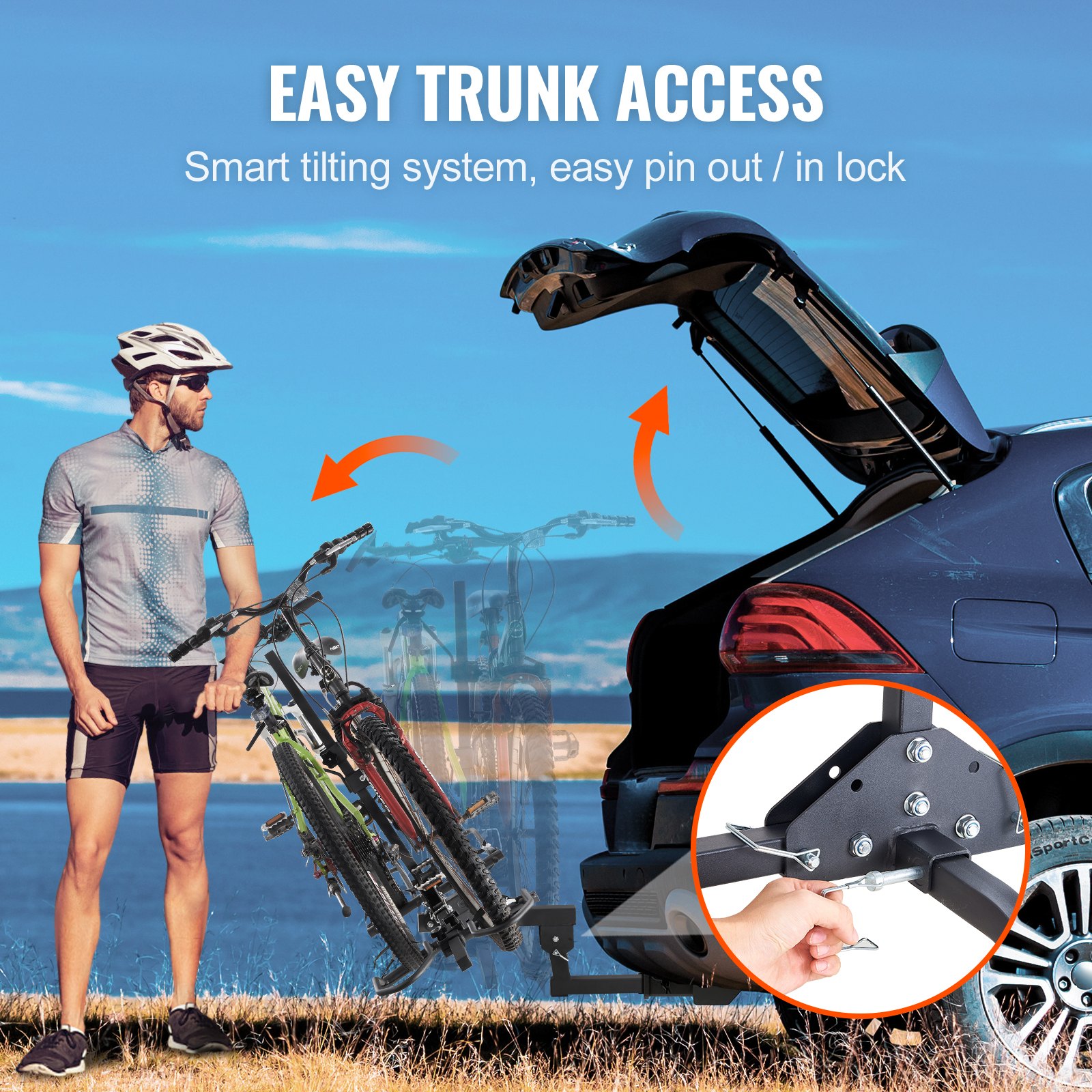 VEVOR hitch mount bike rack allows easy trunk access with a smart tilting system and easy pin lock.