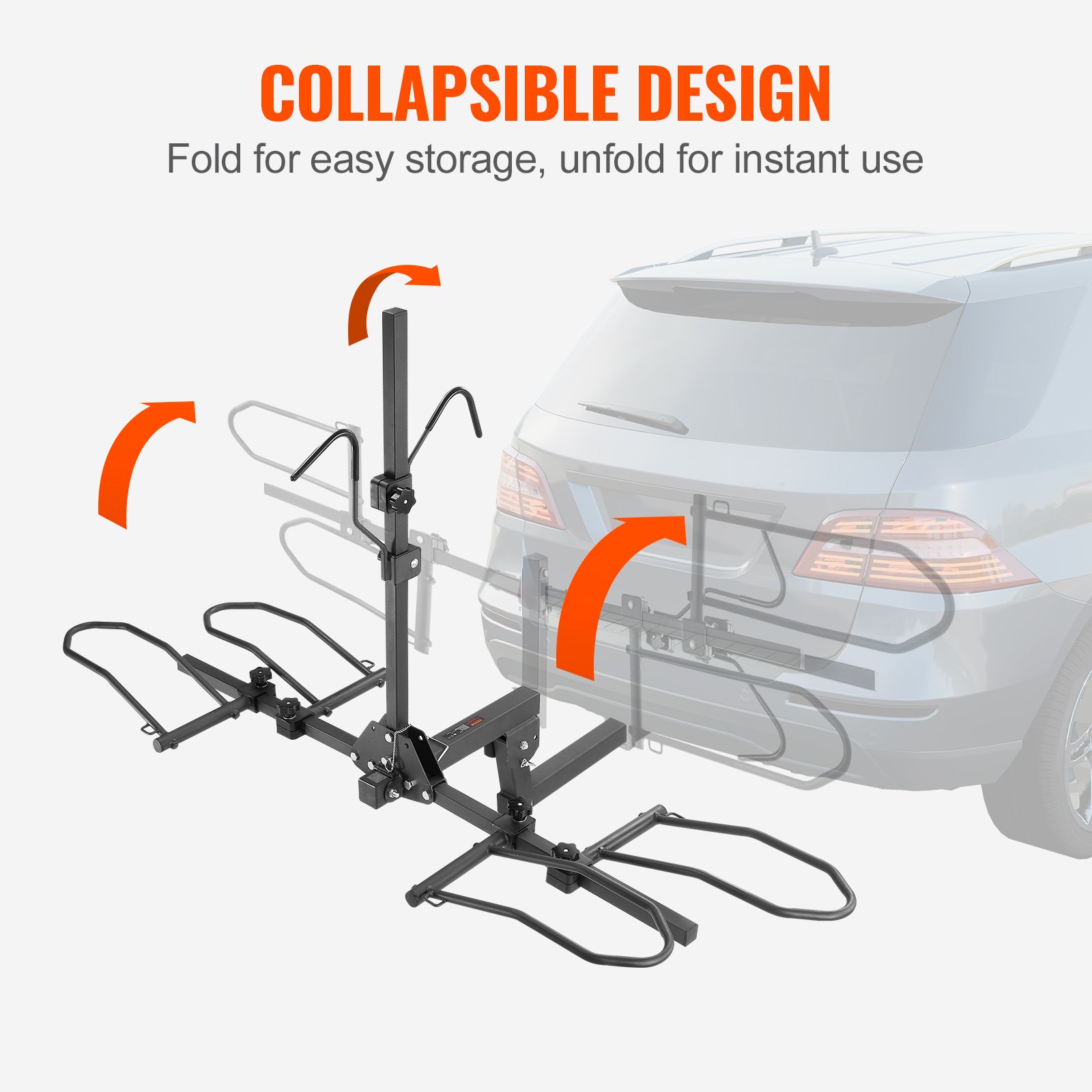 VEVOR hitch mount bike rack attached to suv, showing collapsible design for easy storage and setup.