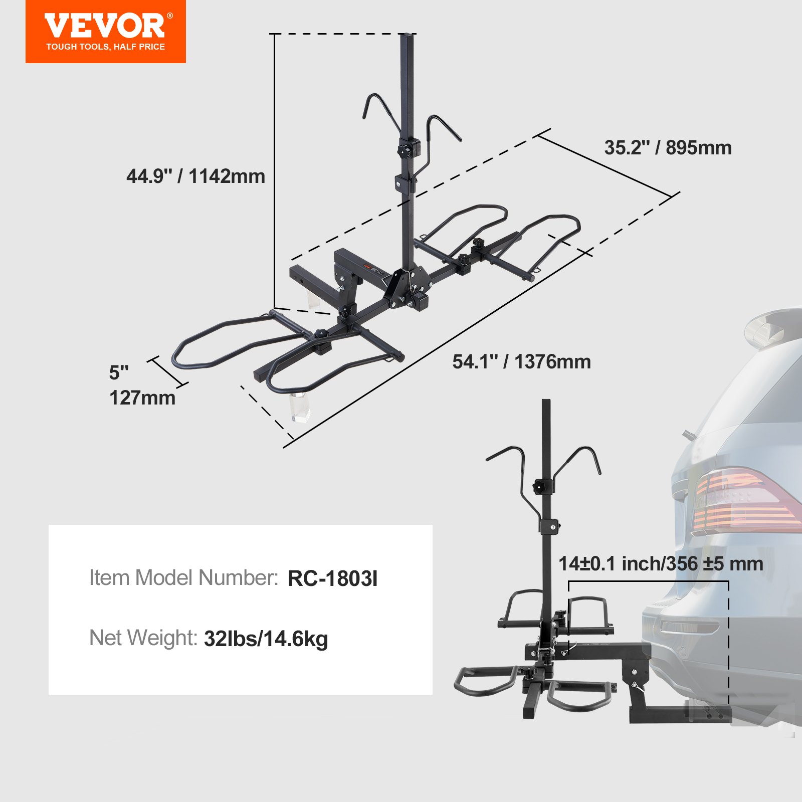VEVOR hitch mount bike rack with dimensions and model number rc-1803i, attached to a vehicle.