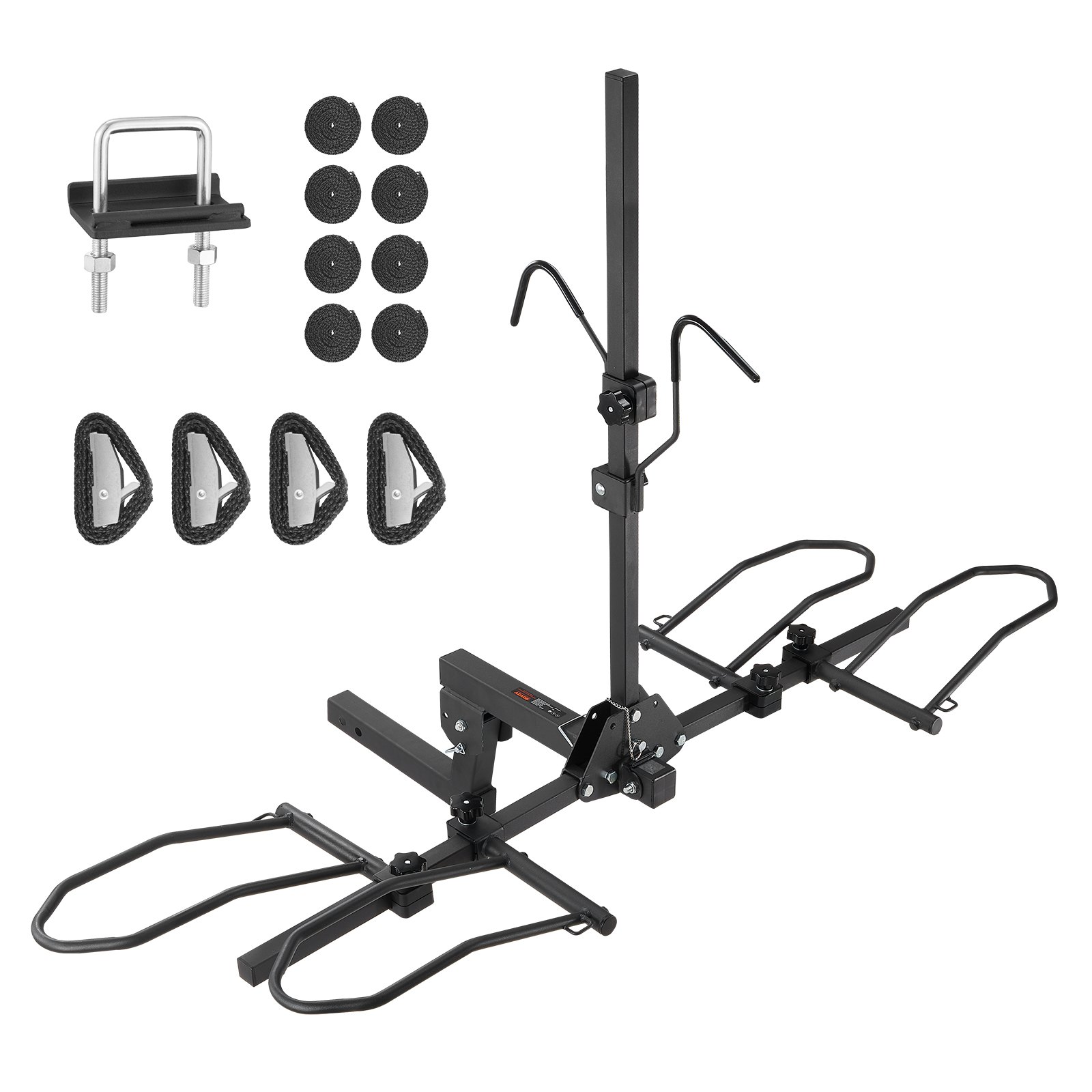 VEVOR hitch mount bike rack with mounting hardware, safety straps, and stabilizer included.