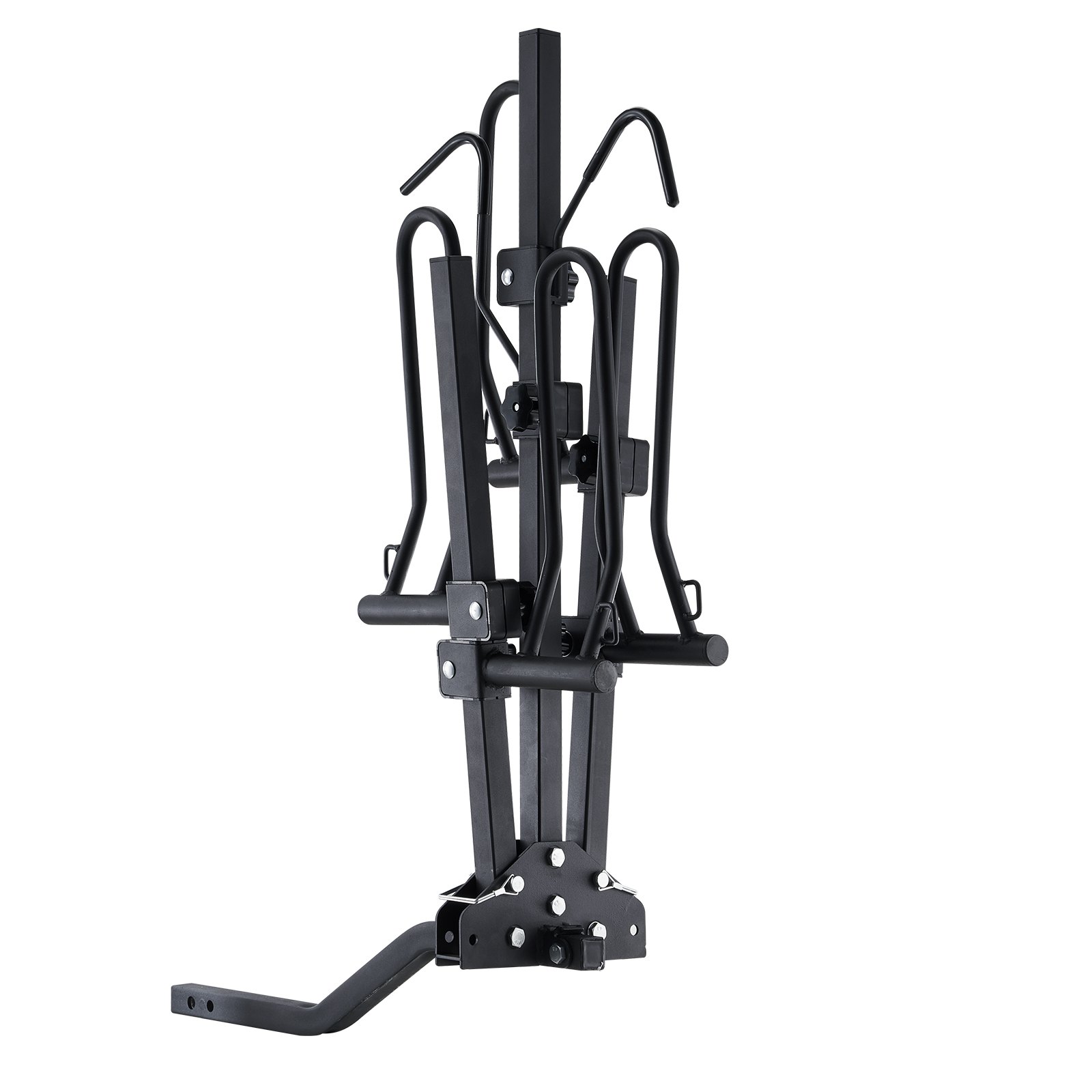 black VEVOR hitch mount bike rack with adjustable bars and secure clamps.