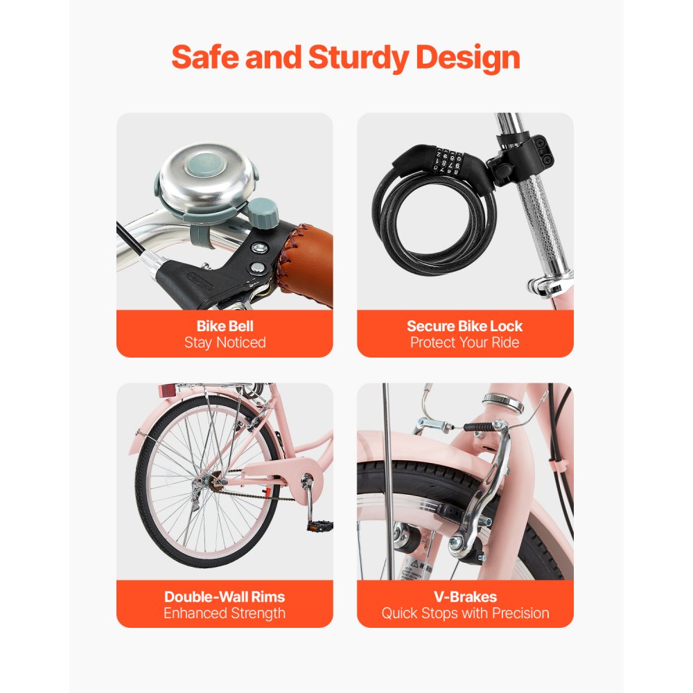 VEVOR Cruiser Bike, 1-Speed, 26-Inch Pink Beach Cruiser Bike with Large Capacity Basket and Rear Rack, Secure & Sturdy Cruiser Bike with Adjustable Seat, Fits for Cycling, Exercise & Shopping