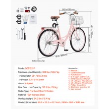 VEVOR 26-inch Cruiser Bike 1-speed Pink Beach Cruiser Bike cu coș