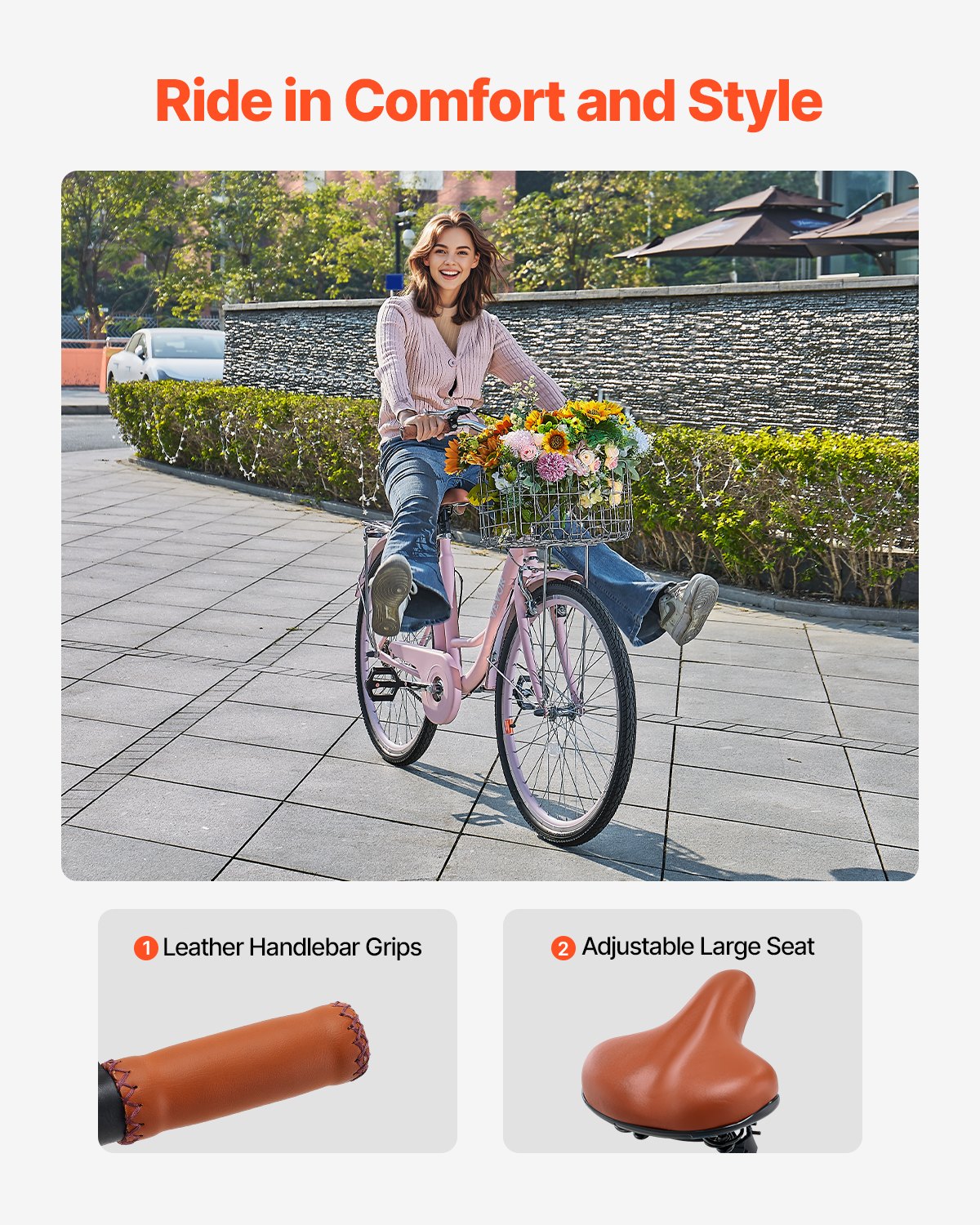 VEVOR Cruiser Bike, 1-Speed, 26-Inch Pink Beach Cruiser Bike with Large Capacity Basket and Rear Rack, Secure & Sturdy Cruiser Bike with Adjustable Seat, Fits for Cycling, Exercise & Shopping