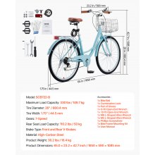 VEVOR 26-inch Cruiser Bike 7-viteze, albastru deschis, Beach Cruiser Bike cu coș