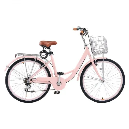 VEVOR Cruiser Bike 7-Speed 26-Inch Pink Beach Cruiser Bike with Large Capacity Basket and Rear Rack Secure & Sturdy Cruiser Bike with Adjustable