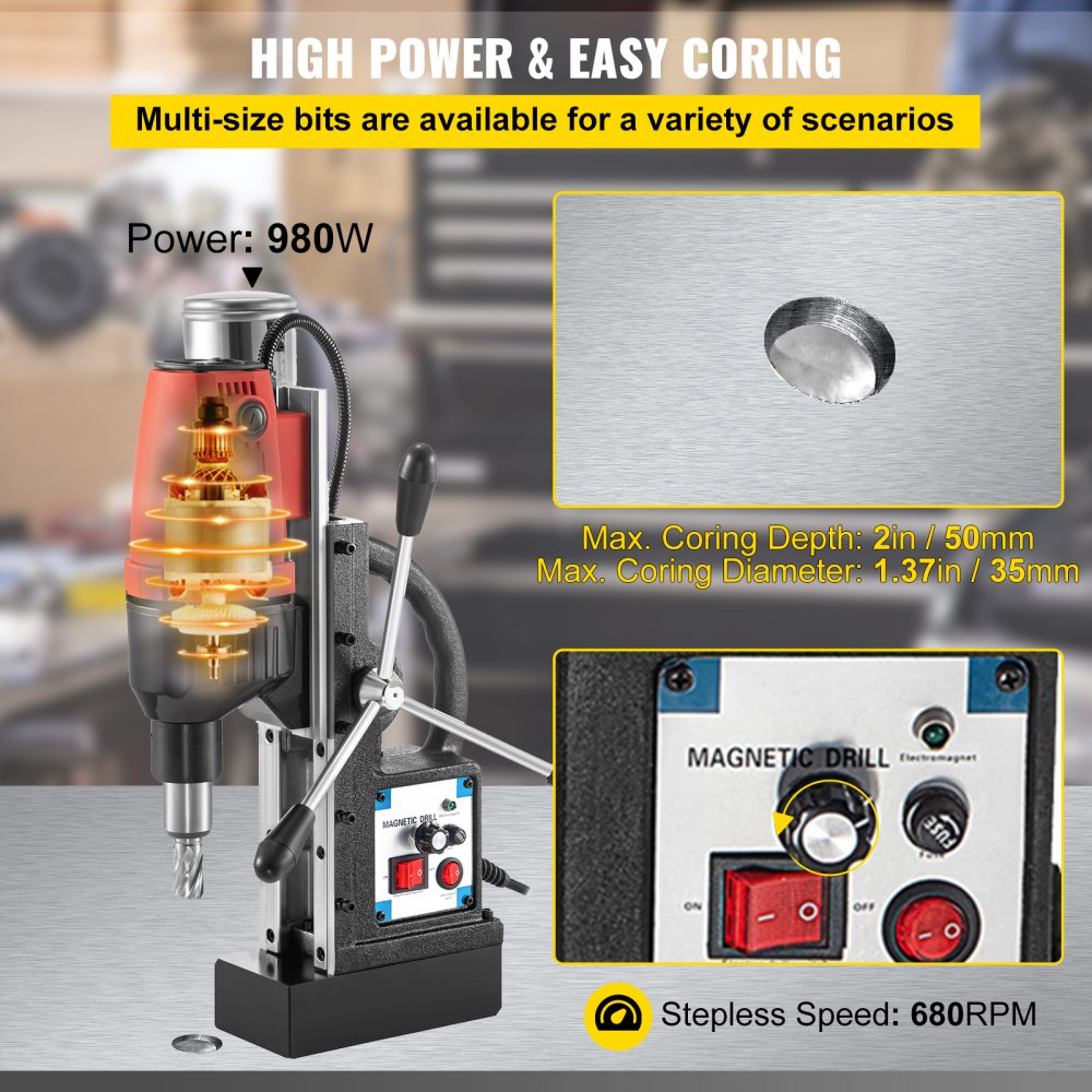 Taladro magnético VEVOR, taladro electromagnético de velocidad continua de 0-680 RPM, taladro de núcleo magnético de 2 pulgadas de profundidad y 1,37 pulgadas de diámetro, taladro de herramienta de perforación de 2250 libras, taladro de 980 W, taladro Mag rojo y negro