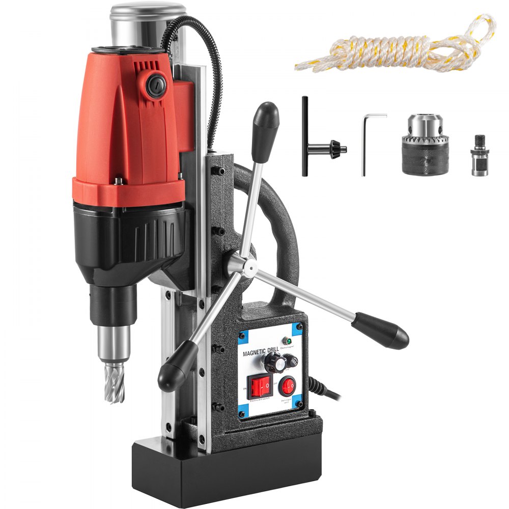 VEVOR Magnetic Drill, 0-680RPM Stepless Speed Electromagnetic Drill Press, 2" Depth 1.37" Dia Magnetic Core Drill, 2250LBS Boring Tool Drill Press, 980W Drill Press, Red and Black Mag Drill Machine