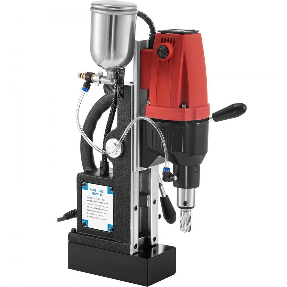 Taladro magnético VEVOR, taladro electromagnético de velocidad continua de 0-680 RPM, taladro de núcleo magnético de 2 pulgadas de profundidad y 1,37 pulgadas de diámetro, taladro de herramienta de perforación de 2250 libras, taladro de 980 W, taladro Mag rojo y negro
