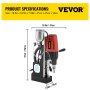 Taladro magnético VEVOR, taladro electromagnético de velocidad continua de 0-680 RPM, taladro de núcleo magnético de 2 pulgadas de profundidad y 1,37 pulgadas de diámetro, taladro de herramienta de perforación de 2250 libras, taladro de 980 W, taladro Mag rojo y negro