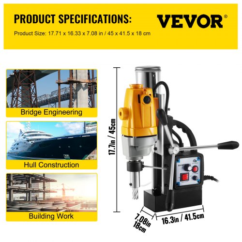 VEVOR Magnetic Drill, 550RPM No-load Speed Electromagnetic Drill Press, 2.16" Depth 1.57" Dia Magnetic Core Drill, 2700LBS Boring Tool Drill Press, w/ 1100W Drill Press, Yellow and Black Drill Machine