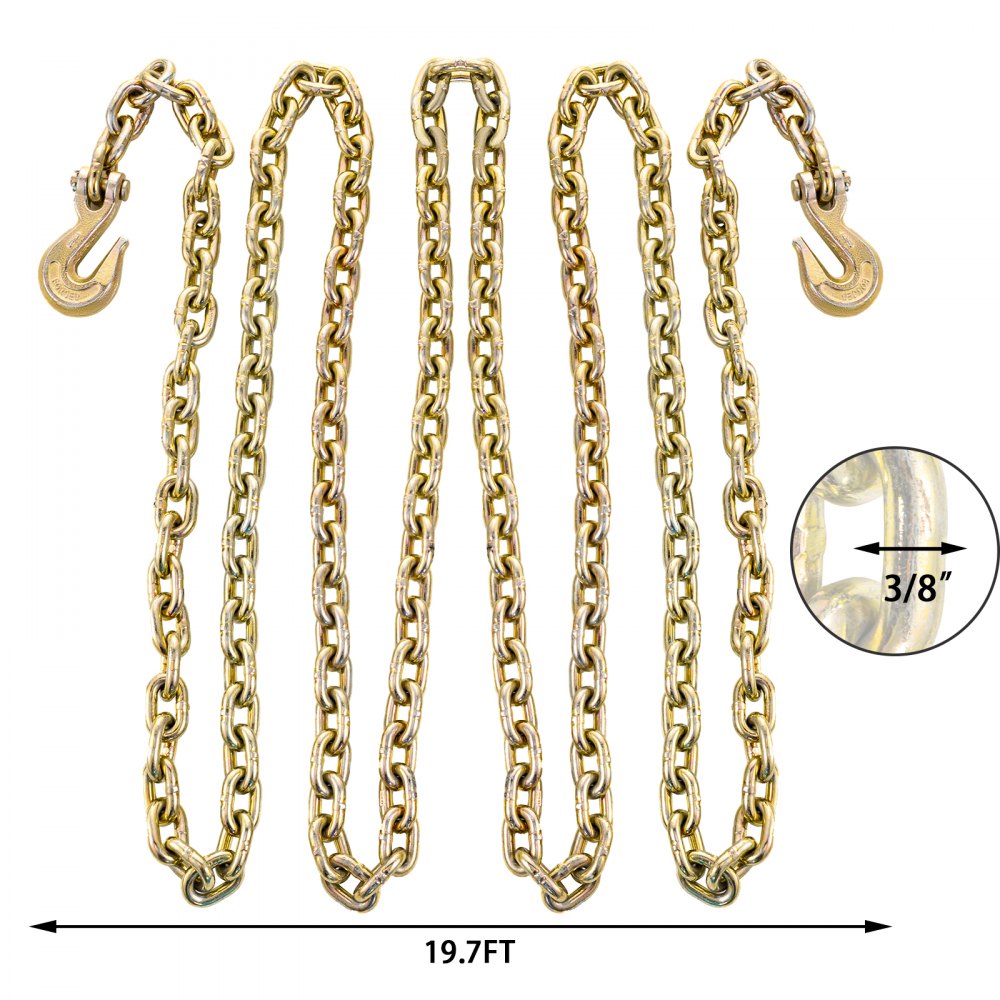 VEVOR 2 Pack G70 Towing Chain 3/8Inchx20ft (10mmx6m) Heavy Duty Chain with Safety Grab Hooks Logging Chain Safe Working Load for Transporting Towing Tie Down Binding Equipment