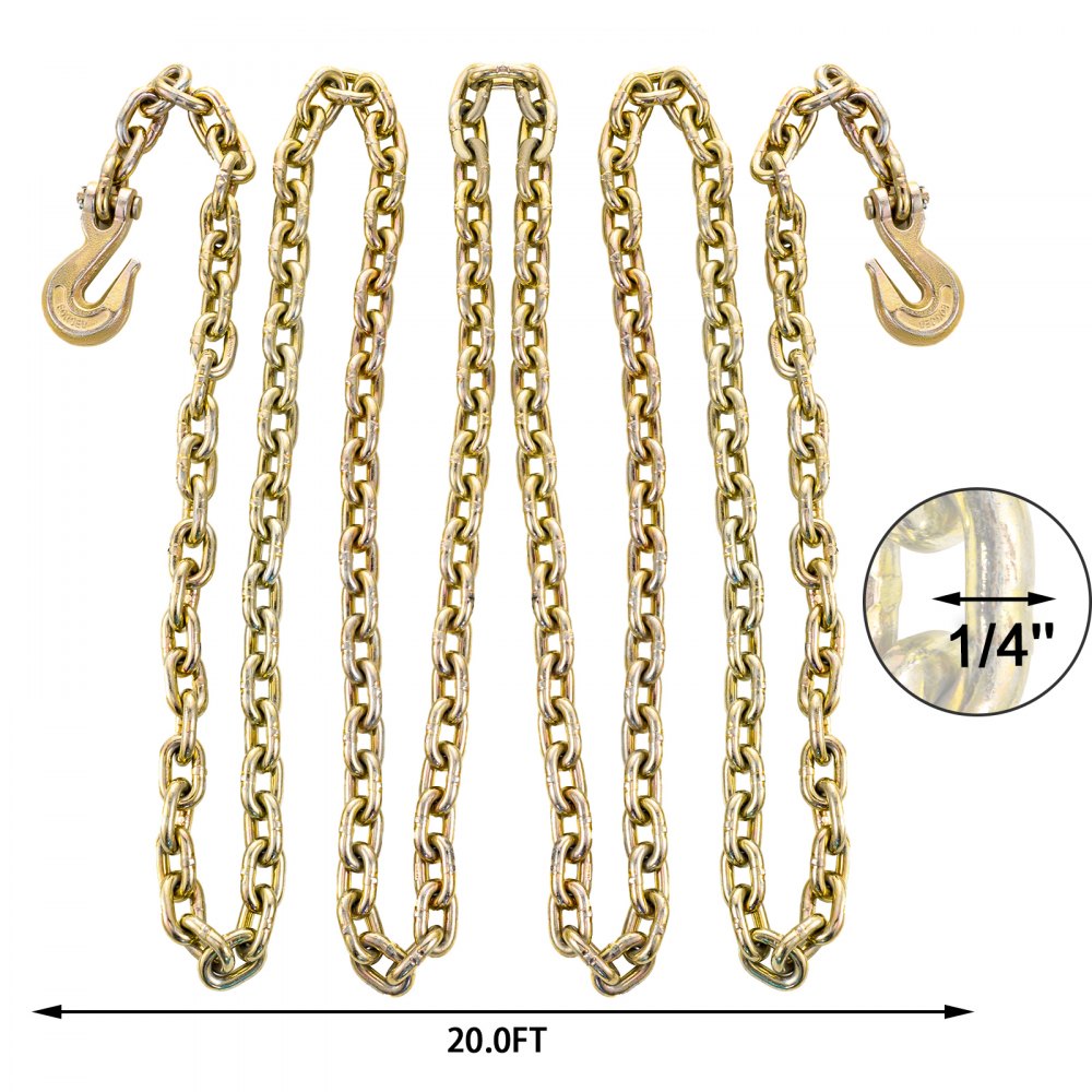 VEVOR Tow Chain 8mmx6.3m Grade 70 Chain 4700lbs Capacity Logging Chain with Safety Grab Hooks Zinc Plated Heavy Duty Chain for Logging Binder Tie Down Transport Flatbed Truck Trailer Safety