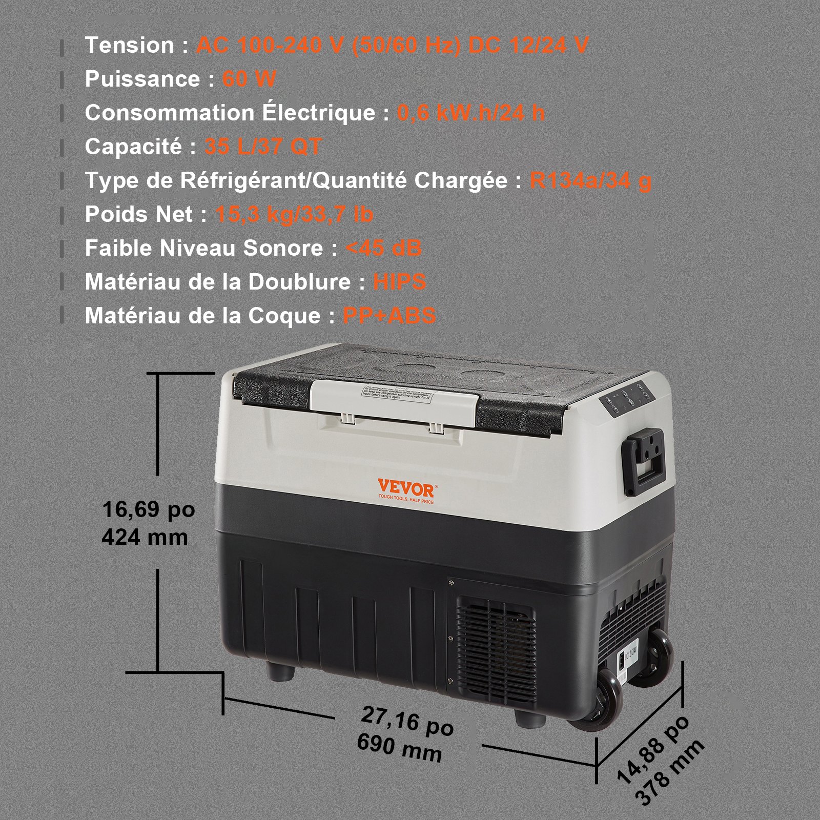 Refrigerador para coche VEVOR de 12 voltios, congelador portátil de doble zona de 37 cuartos/35 litros, rango ajustable de -4 °F a 50 °F, compresor de 12/24 V CC y 100-240 V CA para exteriores, camping, viajes y autocaravanas.