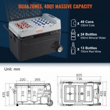 VEVOR hordozható autós hűtőszekrény fagyasztókompresszor 40Qt kétzónás autós otthonhoz