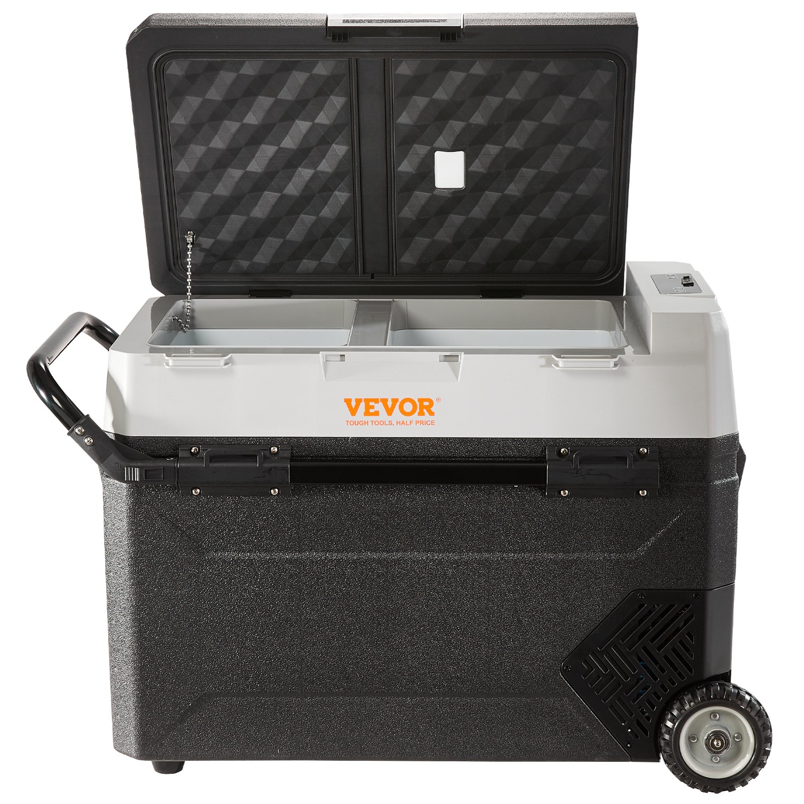 Refrigerador para coche VEVOR de 12 voltios, congelador portátil de doble zona de 56 cuartos/53 litros, rango ajustable de -4 °F a 50 °F, compresor de 12/24 V CC y 100-240 V CA para exteriores, camping, viajes y autocaravanas.
