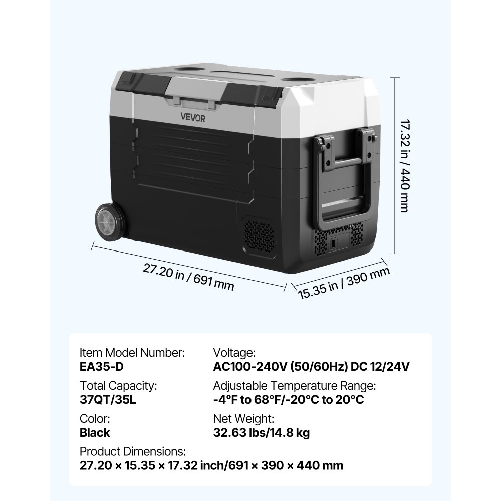 VEVOR Car Refrigerator, DC 12/24V AC100-240V Compressor Electric Cooler, -4°F to 68°F Truck Refrigerator with APP Control, Wheels & Dual Zone, 37 QT Cars Cooler for RVs, Boats, Camping, Fishing