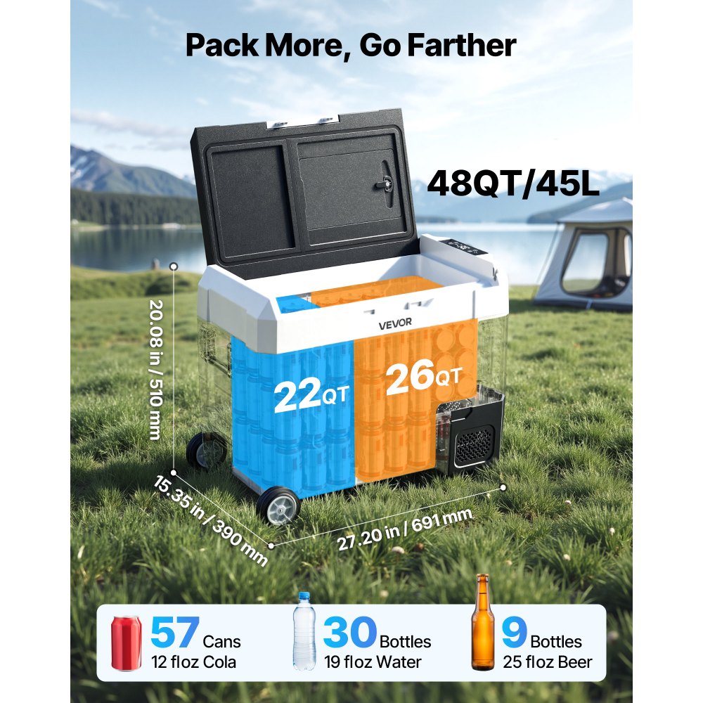 VEVOR Car Refrigerator, DC 12/24V AC100-240V Compressor Electric Cooler,-20°C to 20°C Truck Refrigerator with APP Control, Wheels & Dual Zone, 45L Cars Cooler for RVs, Boats, Camping, Fishing