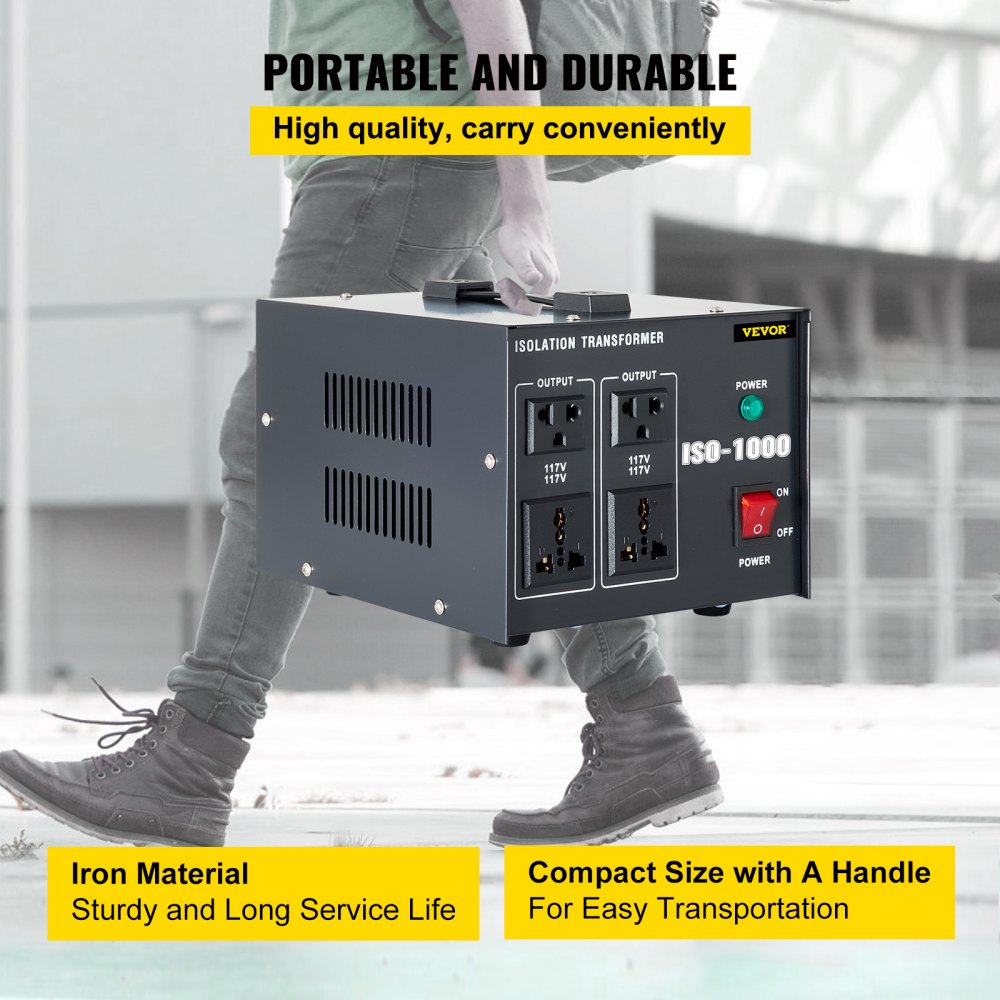 VEVOR Isolation Transformer, 1000Watts Surge, 4 Outlets AC 110V to 120V Isolating, Circuit Machine with Pass-Through Grounding and Used for Laboratory and Line Maintenance CE