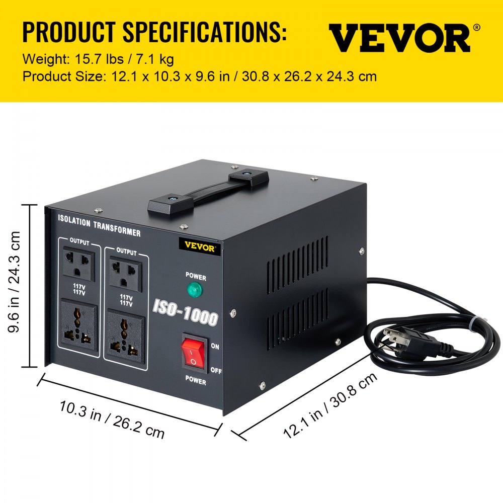 VEVOR Isolation Transformer, 1000Watts Surge, 4 Outlets AC 110V to 120V Isolating, Circuit Machine with Pass-Through Grounding and Used for Laboratory and Line Maintenance CE