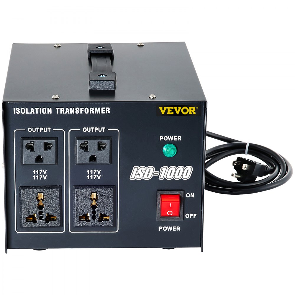 VEVOR Isolation Transformer, 1000Watts Surge, 4 Outlets AC 110V to 120V Isolating, Circuit Machine with Pass-Through Grounding and Used for Laboratory and Line Maintenance CE