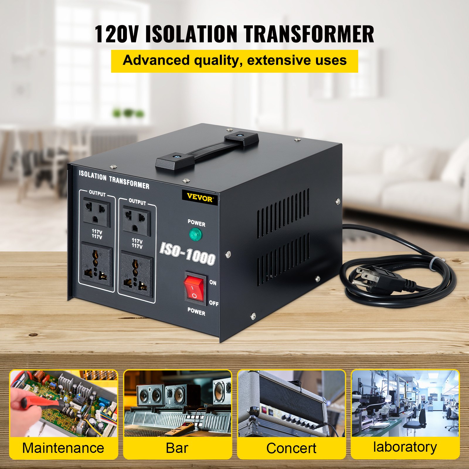 VEVOR Isolation Transformer, 1000Watts Surge, 4 Outlets AC 110V to 120V Isolating, Circuit Machine with Pass-Through Grounding and Used for Laboratory and Line Maintenance CE