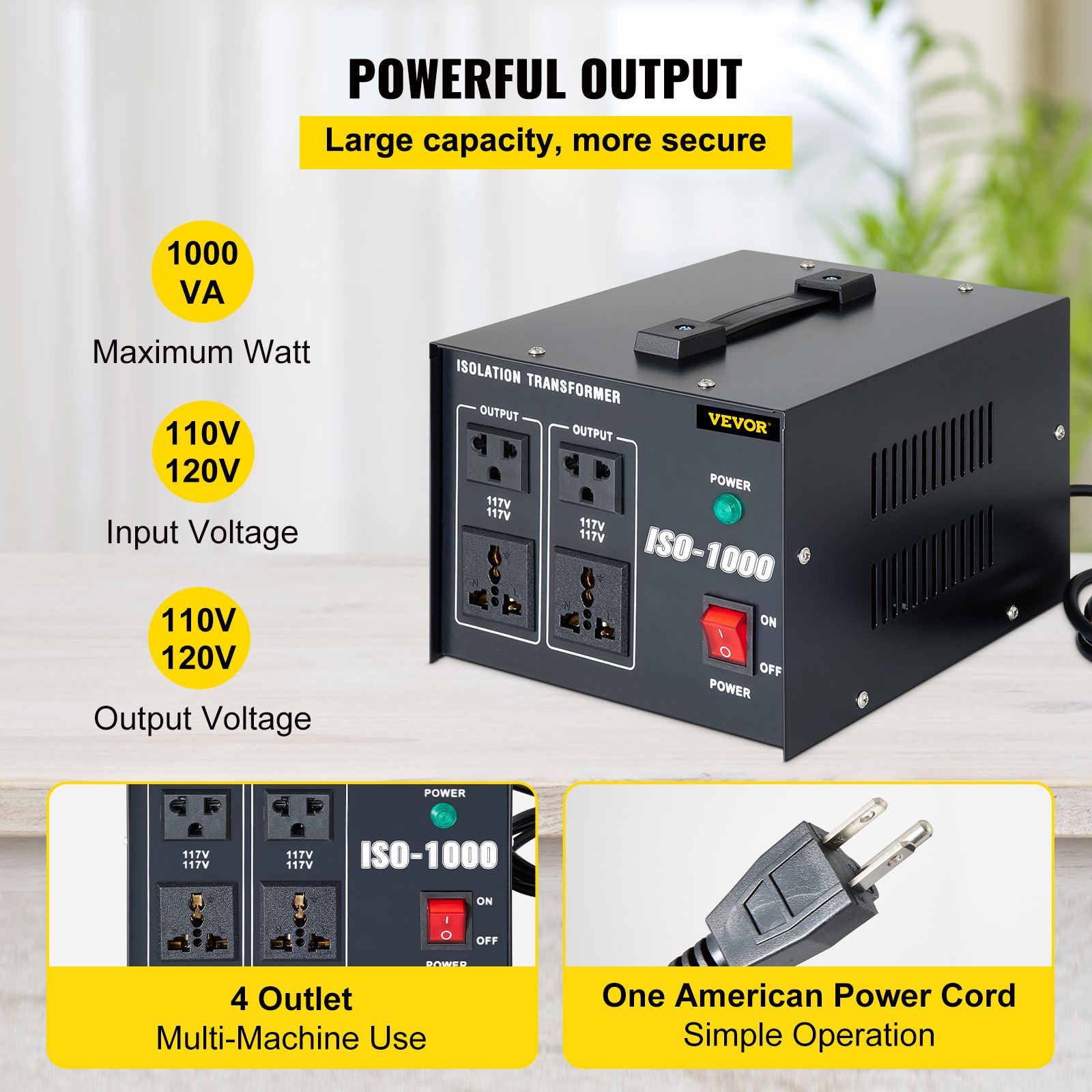VEVOR Isolation Transformer, 1000Watts Surge, 4 Outlets AC 110V to 120V Isolating, Circuit Machine with Pass-Through Grounding and Used for Laboratory and Line Maintenance CE