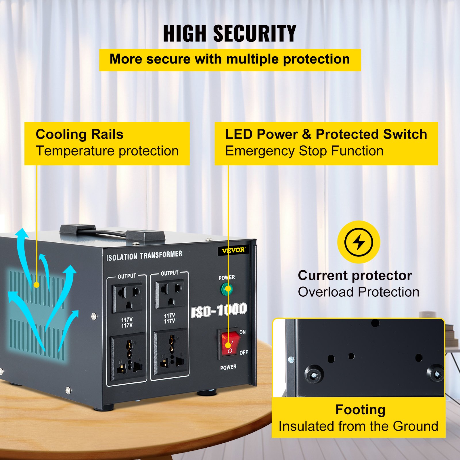 VEVOR Isolation Transformer, 1000Watts Surge, 4 Outlets AC 110V to 120V Isolating, Circuit Machine with Pass-Through Grounding and Used for Laboratory and Line Maintenance CE