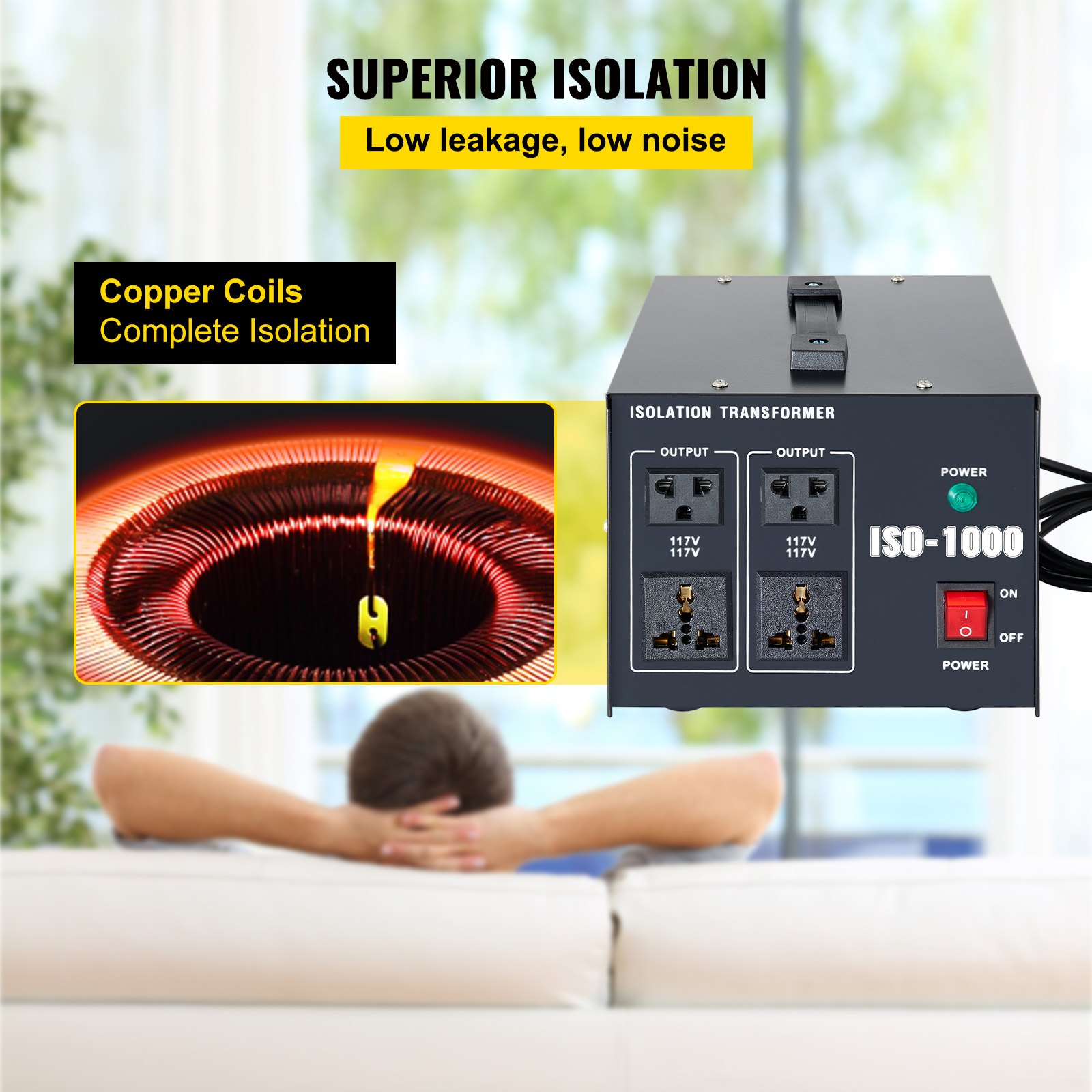 VEVOR Isolation Transformer, 1000Watts Surge, 4 Outlets AC 110V to 120V Isolating, Circuit Machine with Pass-Through Grounding and Used for Laboratory and Line Maintenance CE