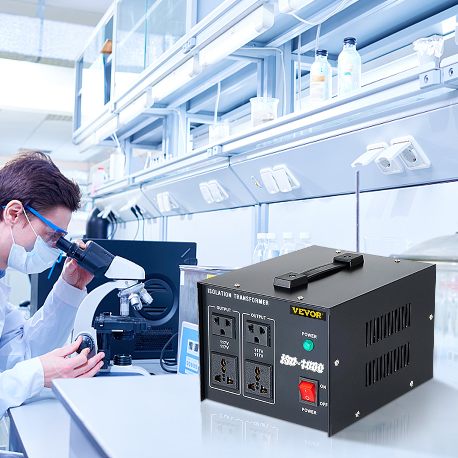VEVOR Isolation Transformer, 1000Watts Surge, 4 Outlets AC 110V to 120V Isolating, Circuit Machine with Pass-Through Grounding and Used for Laboratory and Line Maintenance CE