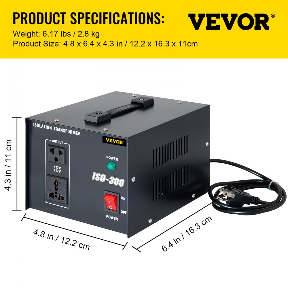 Transformador de aislamiento VEVOR, sobretensión de 300 vatios, aislamiento de 2 tomacorrientes de CA de 110 V a 120 V, máquina de circuito con conexión a tierra de paso y utilizado para laboratorio y mantenimiento de línea CE