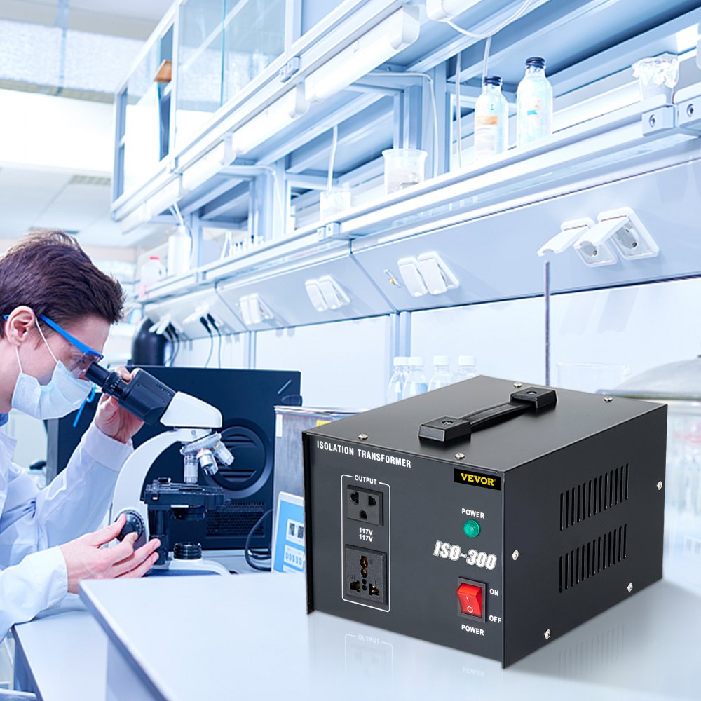 Transformador de aislamiento VEVOR, sobretensión de 300 vatios, aislamiento de 2 tomacorrientes de CA de 110 V a 120 V, máquina de circuito con conexión a tierra de paso y utilizado para laboratorio y mantenimiento de línea CE