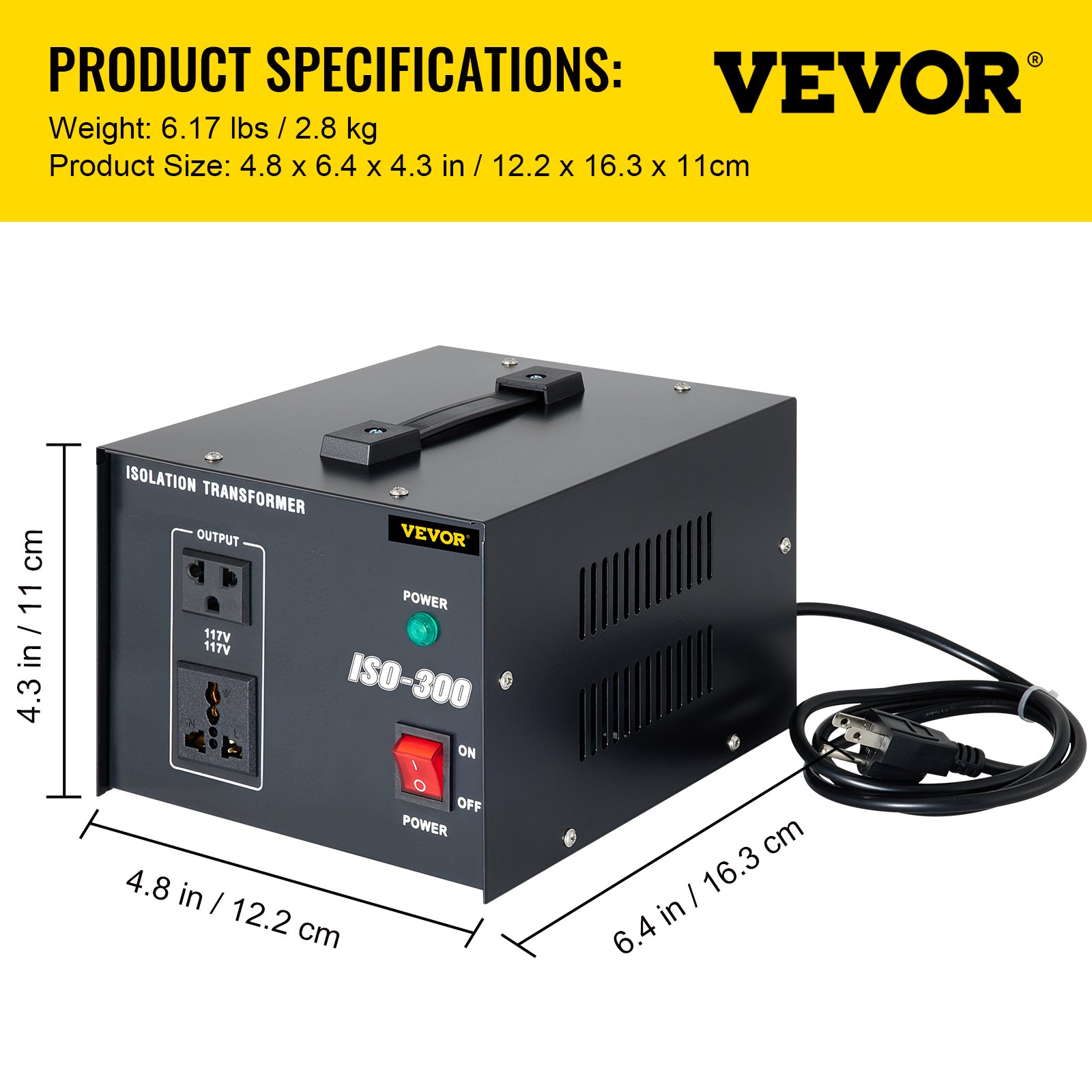 Transformador de aislamiento VEVOR, sobretensión de 300 vatios, aislamiento de 2 tomacorrientes de CA de 110 V a 120 V, máquina de circuito con conexión a tierra de paso y utilizado para laboratorio y mantenimiento de línea CE