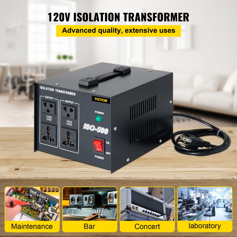 VEVOR Isolation Transformer, 500Watts Surge, 4 Outlets AC 110V to 120V Isolating, Circuit Machine with Pass-Through Grounding and Used for Laboratory and Line Maintenance CE