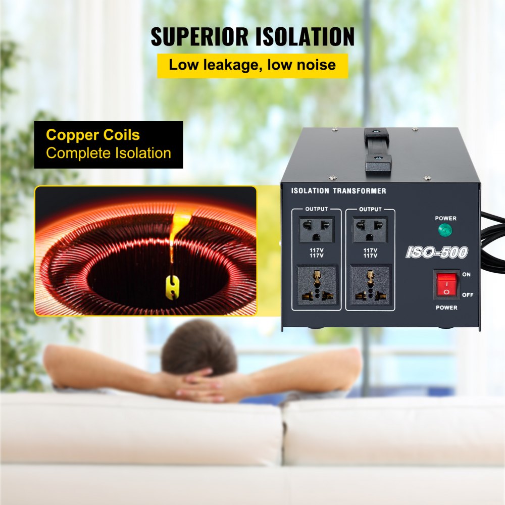 VEVOR Isolation Transformer, 500Watts Surge, 4 Outlets AC 110V to 120V Isolating, Circuit Machine with Pass-Through Grounding and Used for Laboratory and Line Maintenance CE