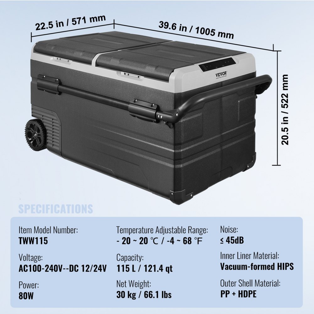 VEVOR Car Refrigerator, 12 Volt Car Refrigerator Fridge, 115 L Dual Zone Portable Freezer with Wheels and Handle, -4℉-68℉, 12/24V DC and 100-240V AC Compressor Cooler for Outdoor, Camping