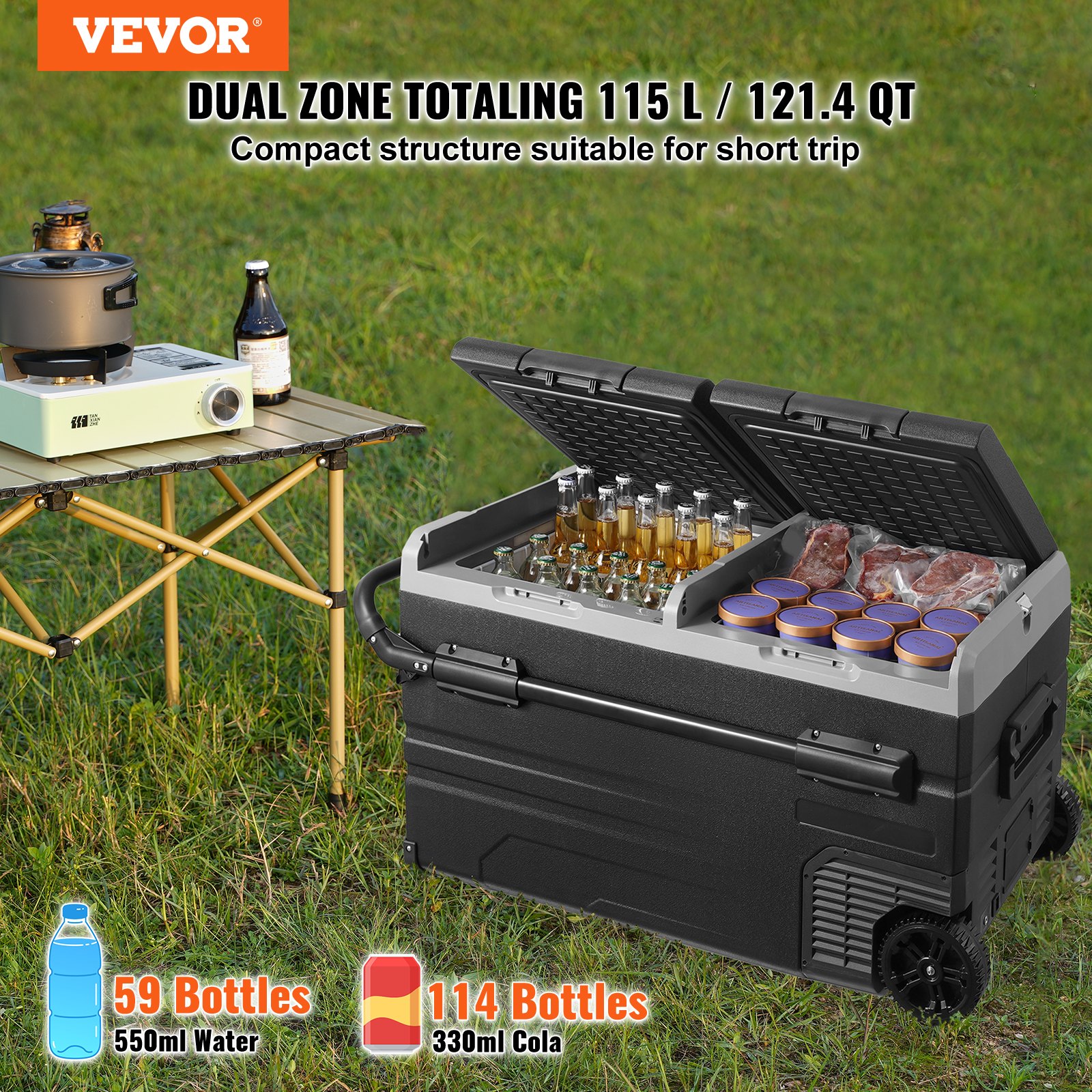 VEVOR Car Refrigerator, 12 Volt Car Refrigerator Fridge, 115 L Dual Zone Portable Freezer with Wheels and Handle, -4℉-68℉, 12/24V DC and 100-240V AC Compressor Cooler for Outdoor, Camping
