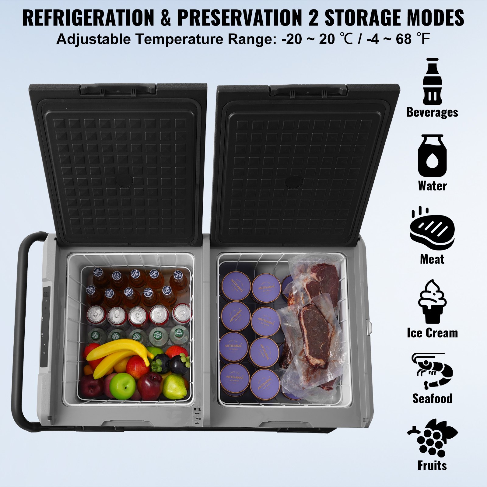 VEVOR Car Refrigerator, 12 Volt Car Refrigerator Fridge, 115 L Dual Zone Portable Freezer with Wheels and Handle, -4℉-68℉, 12/24V DC and 100-240V AC Compressor Cooler for Outdoor, Camping